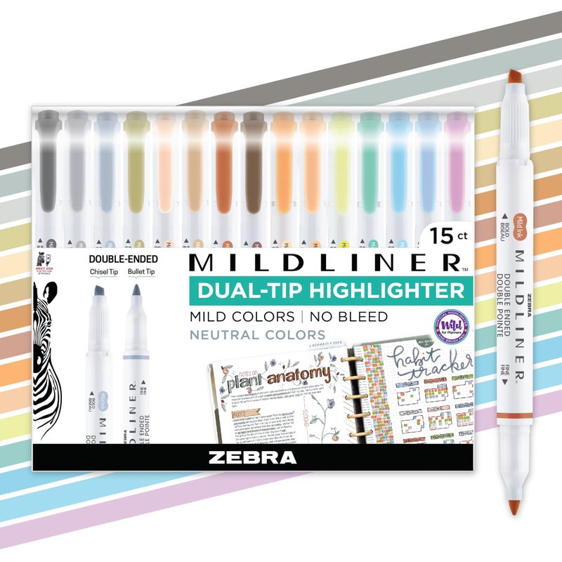 Zebra Pen Mildliner Dual-Tip Highlighter Set, Broad and Fine Point Tips, No Bleed, Ideal for Bible Highlighting, Journaling, School and Office Supplies, Neutral Vintage Ink Colors, 15-Pack (78315) - Image 1