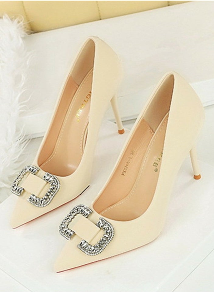 BIGTREE Women's Satin Closed Pointed Toe Stiletto Pump Rhinestone Square Buckle Decoration High Heels Off-White 10 CM  - Image 1