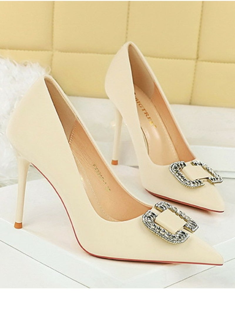 BIGTREE Women's Satin Closed Pointed Toe Stiletto Pump Rhinestone Square Buckle Decoration High Heels Off-White 10 CM  - Image 2