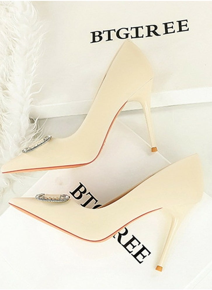 BIGTREE Women's Satin Closed Pointed Toe Stiletto Pump Rhinestone Square Buckle Decoration High Heels Off-White 10 CM  - Image 3