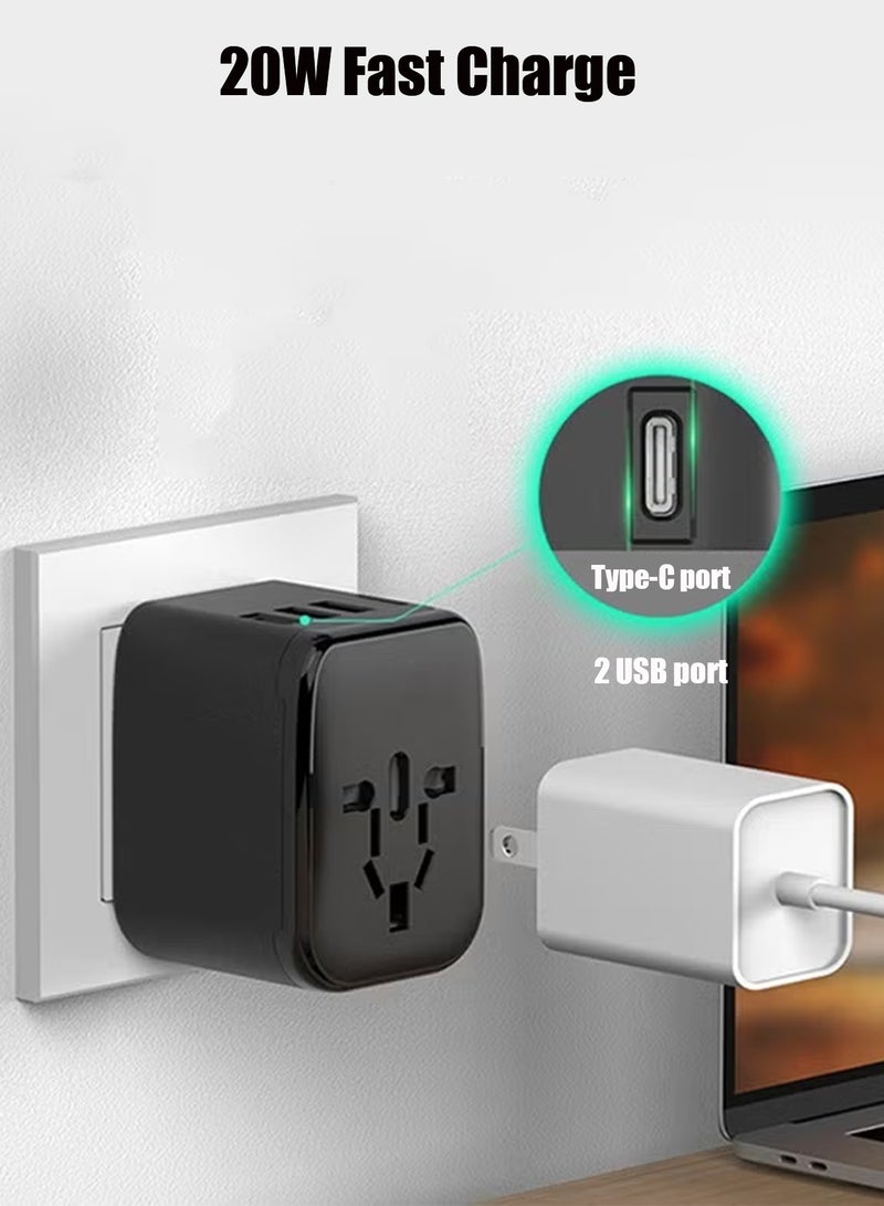 STEELCORE Travel Adapter PD20W  Universal International Power Travel Plug Adapter Converters Wall Charger AC 2 USB 1Type-c for USA EU UK AUS Black - Image 3