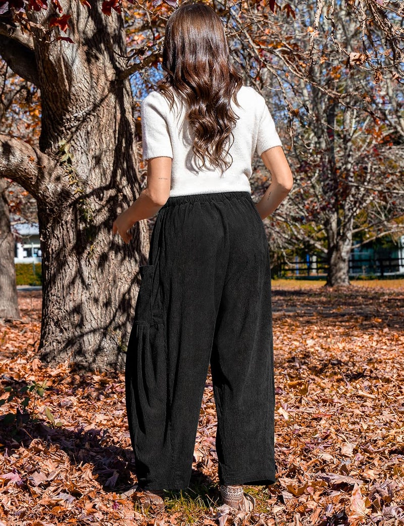TARSE Women's Corduroy Pants Barrel Mid-Rise Elastic Waist Cord Pants Casual Wide Leg Baggy Trouser with Pockets, Black, XL - Image 5