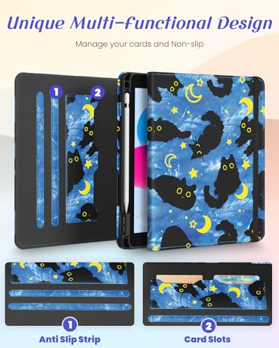 Kidcube for iPad 10th Generation Case 2022, for iPad (A16) Case 11th Generation 2025 - for Women Girls Cute Rotating Stand Folio Cover with Pencil Holder & Card Slot Girly Cat Design Blue Teen Cases - Image 3