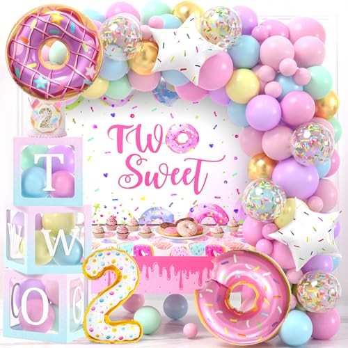 SNLN Two Sweet Birthday Party Decorations 2nd Birthday Supplies TWO Boxes Donut Balloon Arch Backdrop Tablecloth Crown Foil Balloon Second 2 Year Old Birthdays Decorations for Girls - Image 1