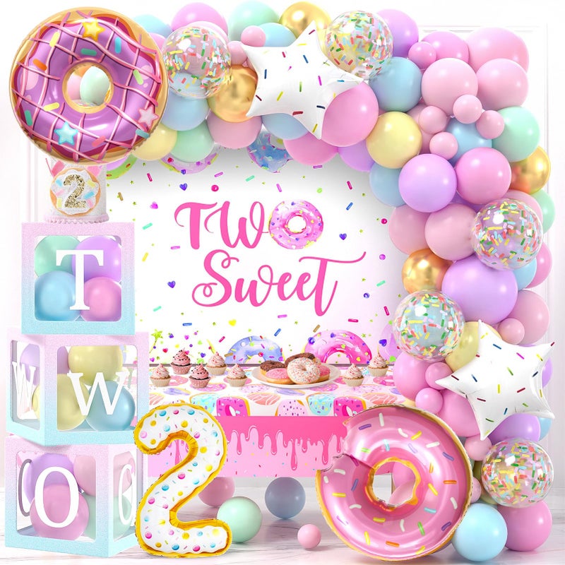 SNLN Two Sweet Birthday Party Decorations 2nd Birthday Supplies TWO Boxes Donut Balloon Arch Backdrop Tablecloth Crown Foil Balloon Second 2 Year Old Birthdays Decorations for Girls - Image 3