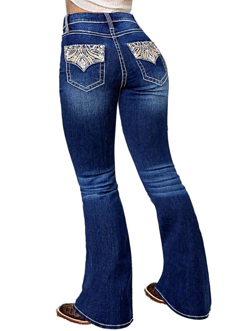 Flamingals Butt Lifting Bootcut Jeans Stretchy Casual Fall Winter Trendy Flare Leg Jeans for Women Navy Dark Blue L - Image 1