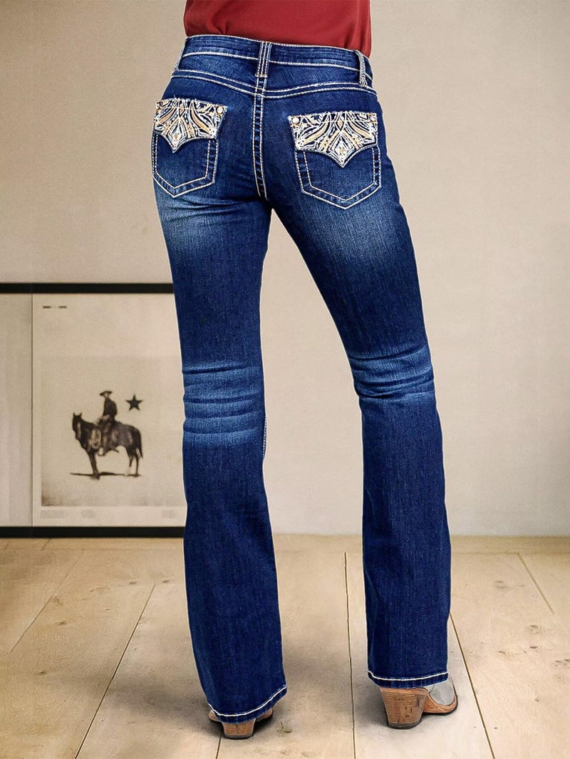 Flamingals Butt Lifting Bootcut Jeans Stretchy Casual Fall Winter Trendy Flare Leg Jeans for Women Navy Dark Blue L - Image 2