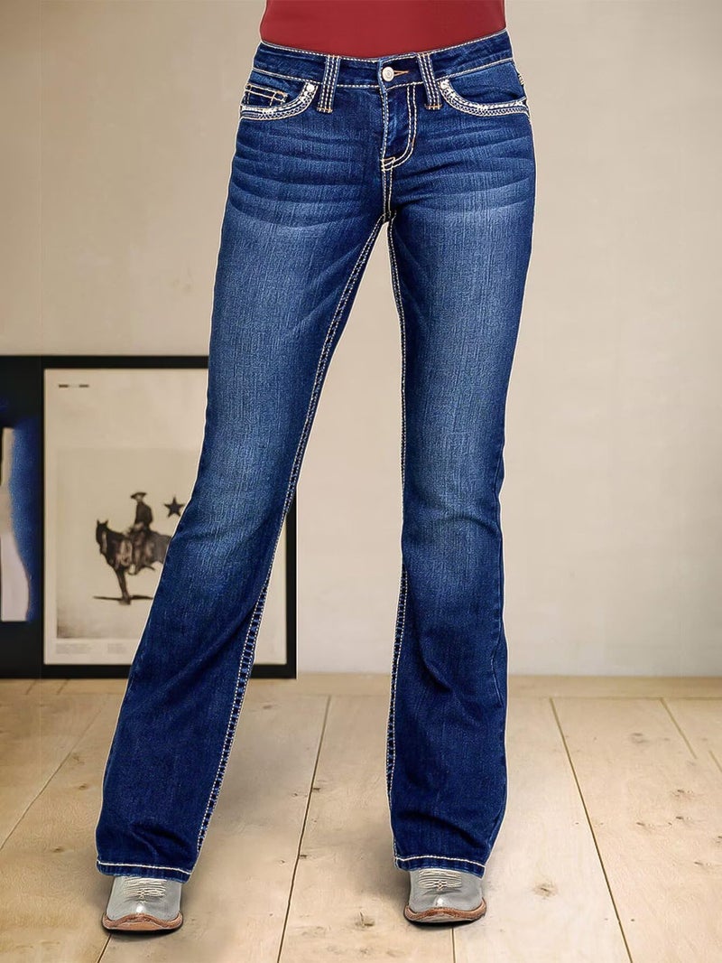 Flamingals Butt Lifting Bootcut Jeans Stretchy Casual Fall Winter Trendy Flare Leg Jeans for Women Navy Dark Blue L - Image 3