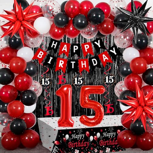 Nigifter 15th Birthday Decorations for Boys Girls 84 PCS Red Black 15th Party Decorations Birthday Party Supplie with Banner Fringe Backdrop Foil Star Balloons Hanging Swirls Tablecloth Garland Arch - Image 1