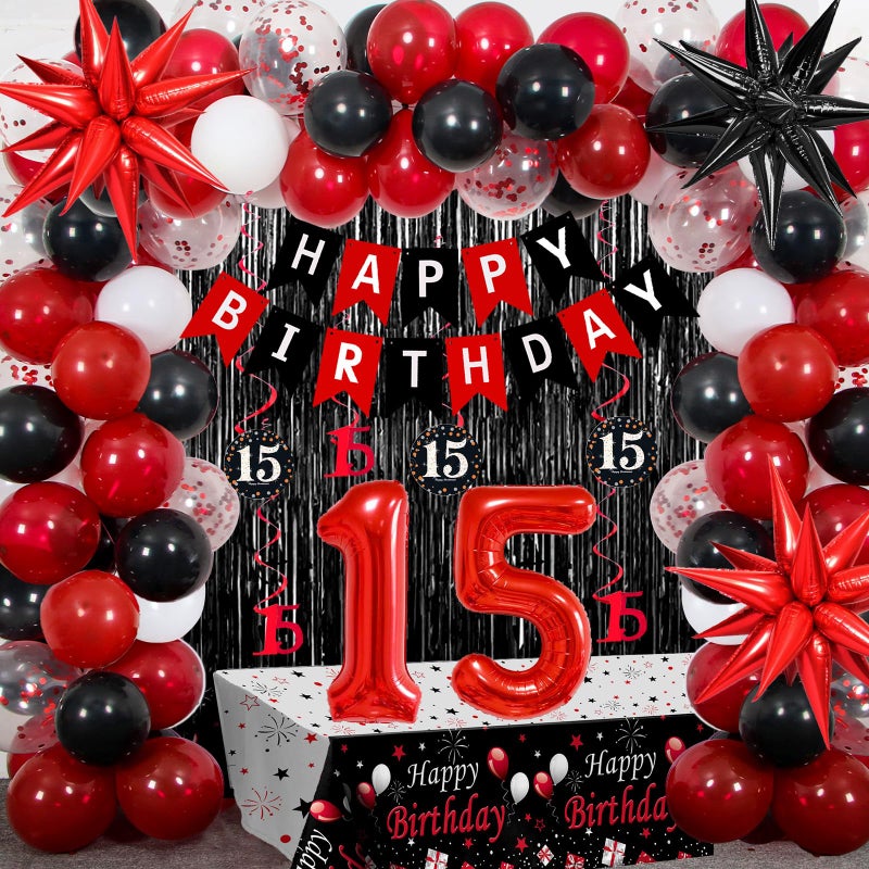 Nigifter 15th Birthday Decorations for Boys Girls 84 PCS Red Black 15th Party Decorations Birthday Party Supplie with Banner Fringe Backdrop Foil Star Balloons Hanging Swirls Tablecloth Garland Arch - Image 3