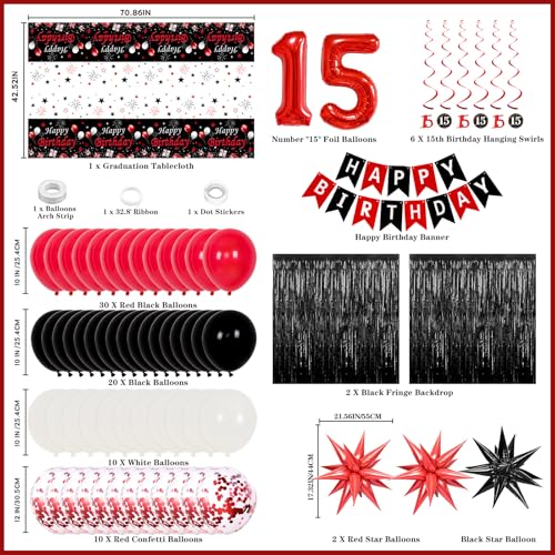 Nigifter 15th Birthday Decorations for Boys Girls 84 PCS Red Black 15th Party Decorations Birthday Party Supplie with Banner Fringe Backdrop Foil Star Balloons Hanging Swirls Tablecloth Garland Arch - Image 5