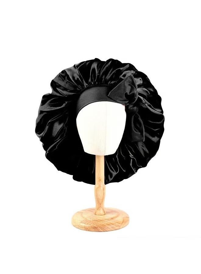 قبعة ساتان للنساء، قبعة حرير ضخمة للشعر المجعد، لفافة شعر حرير للنوم، قبعة ساتان مع حزام مرن، قبعة حرير للشعر المجعد للنوم (أسود) - Image 4