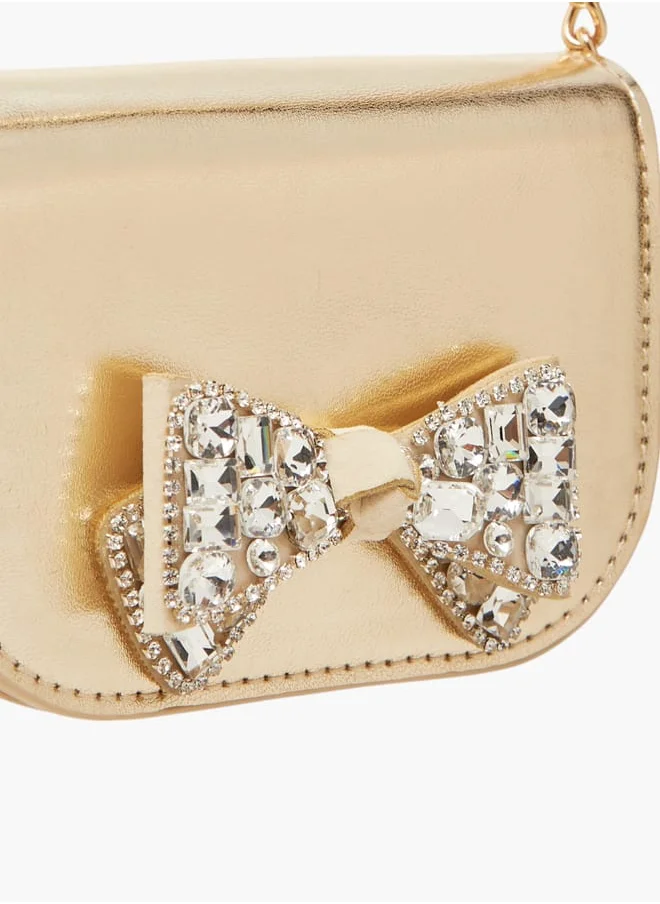 Celeste Girls Bow Embellished Crossbody Bag with Chain Strap and Button Closure