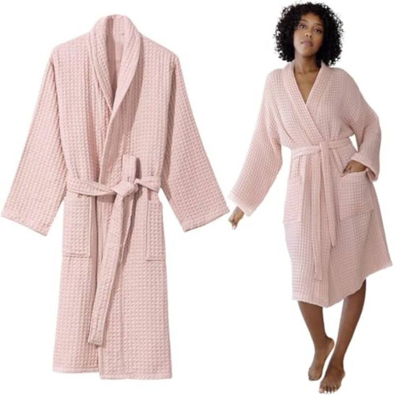 Winsoyya Cotton Waffle Weave Bathrobe Free Size Spa Robe, Highly Absorbent Lightweight Hotel Bathrobe Unisex with Belt and Pockets Home, Spa, Sauna, Everyday Use - Image 1