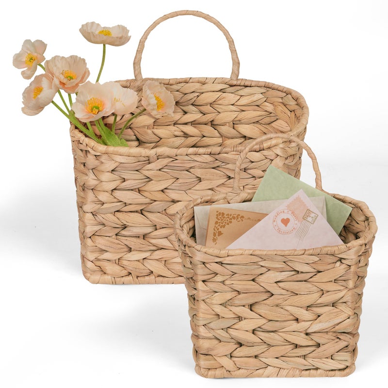 iEGrow Set of 2 Hanging Basket, Wicker Wall Basket Natural Water Hyacinth, Hanging Baskets for Organizing and Decor, Storage Baskets for Door Mounted - Image 1
