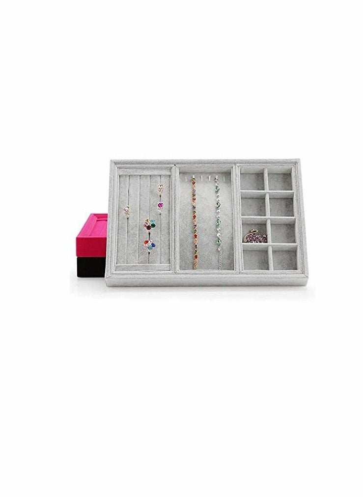Y&D - Jewelry Organiser, Premium Removable Large capacity Velvet Display Tray for Earring, Ring Storage Bracelet Necklace Earring 3 Compartments(Grey) - Image 1