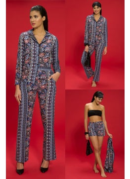 for you in&out 7-Piece Viscose Both Inside and Outside Ethnic Pattern Black Pajama Set S27407  - Image 1