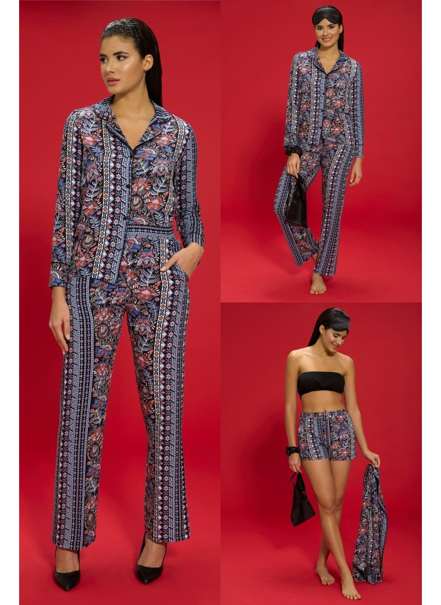 for you in&out - 7-Piece Viscose Both Inside and Outside Ethnic Pattern Black Pajama Set S27407 - Image 1