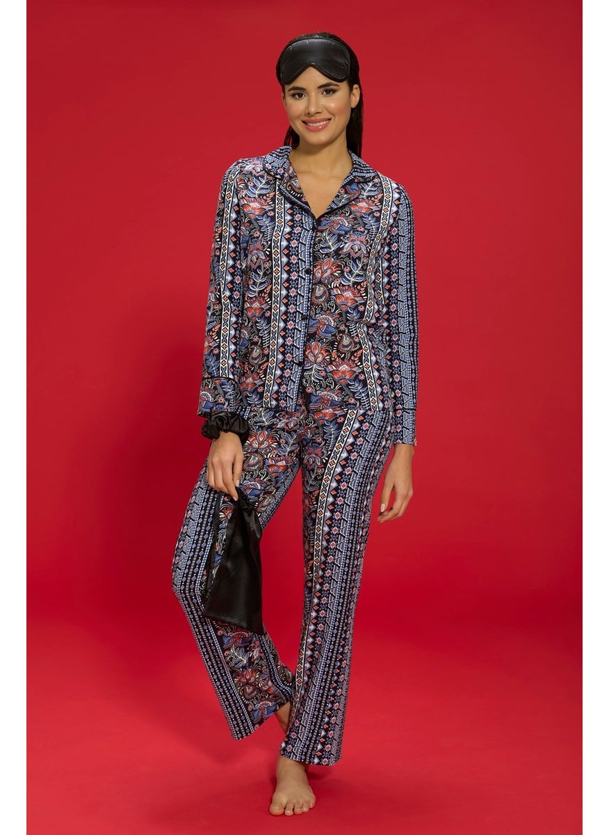 for you in&out - 7-Piece Viscose Both Inside and Outside Ethnic Pattern Black Pajama Set S27407 - Image 1