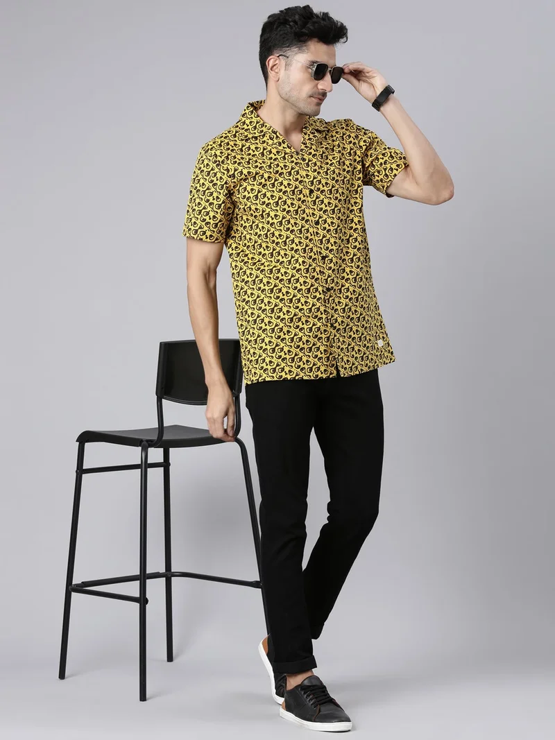 Joven  Yellow Printed Camp Collar Casual Shirt for Men for Men | Best Price UAE