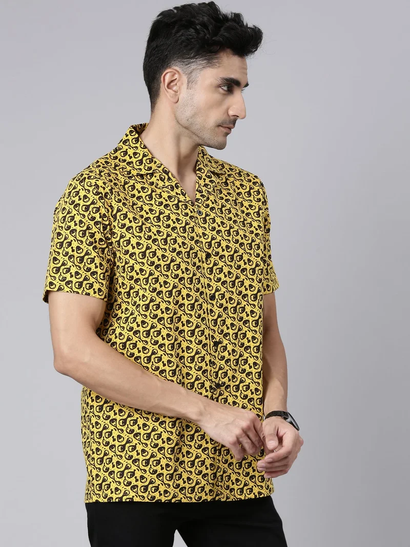 Joven  Yellow Printed Camp Collar Casual Shirt for Men for Men | Best Price UAE