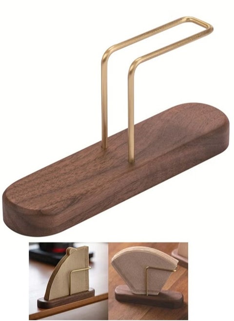 Walnut Base Coffee Filter Holder Pure Brass Coffee Filter Paper Storage Rack Filter Paper Container Stand Suitable For V60 And Fan Shape And Flat-Bottomed Pour Over Filter Paper