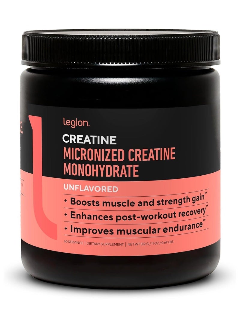 Legion Athletics Micronized Creatine Monohydrate, Unflavored, Boosts Muscle and Strength Pain, Enhances Post-Workout Recovery, Improves Muscular Endurance, 60 Servings/Dietary Supplement/Net WT 312 G / 11 Oz /0.69 LBS - Image 1
