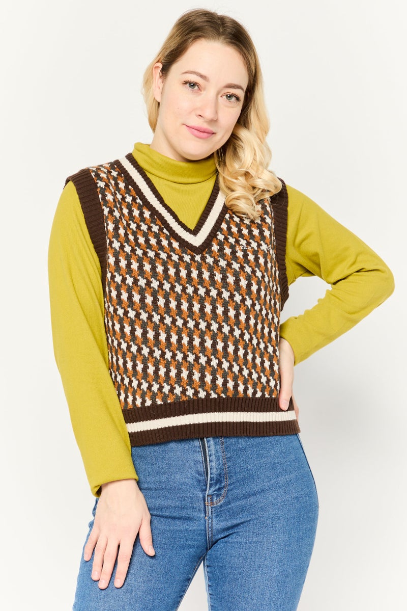 Lyle & Scott Women V-Neck Houndstooth Print Sleeveless Vest, Brown Combo  - Image 1