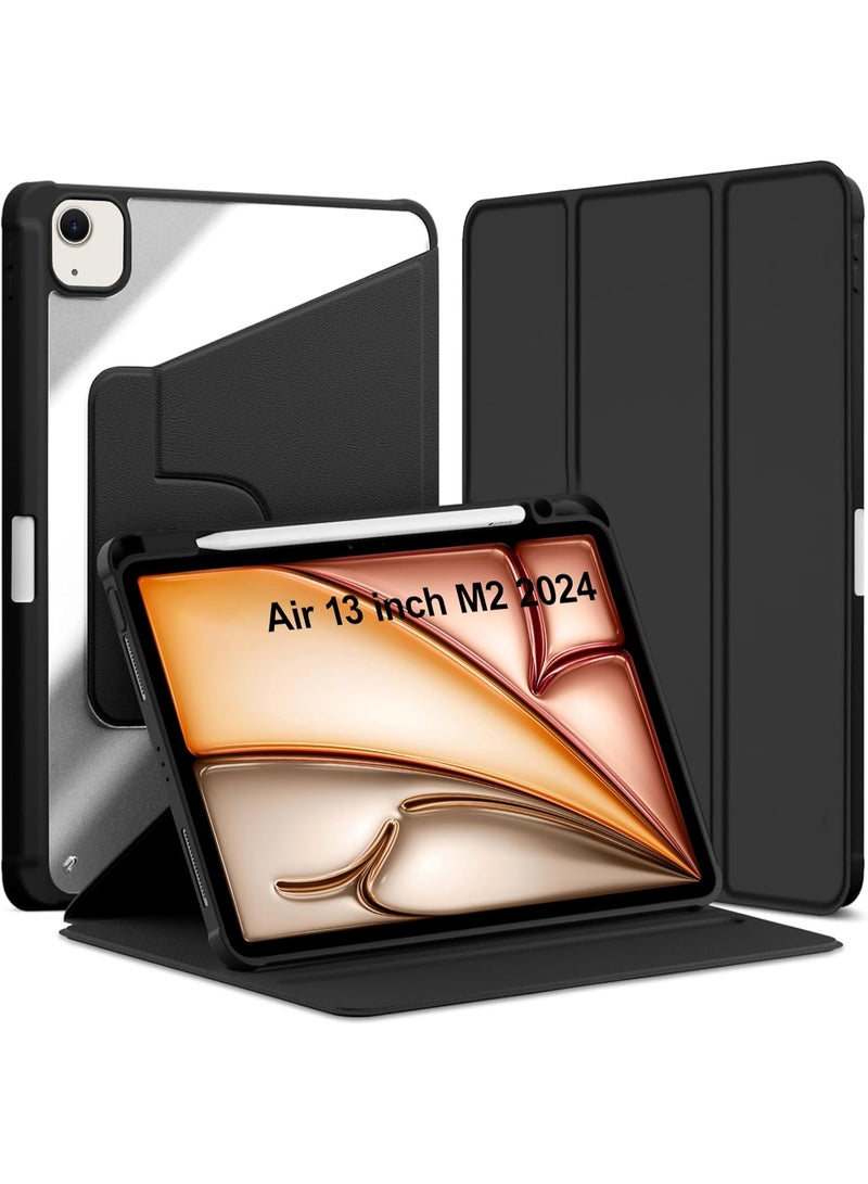 360 Rotating Case for iPad Air 13 Inch M2 2024 with Pencil Holder 360 Degree Rotation Protective Trifold Stand Cover Clear Back (Black)
