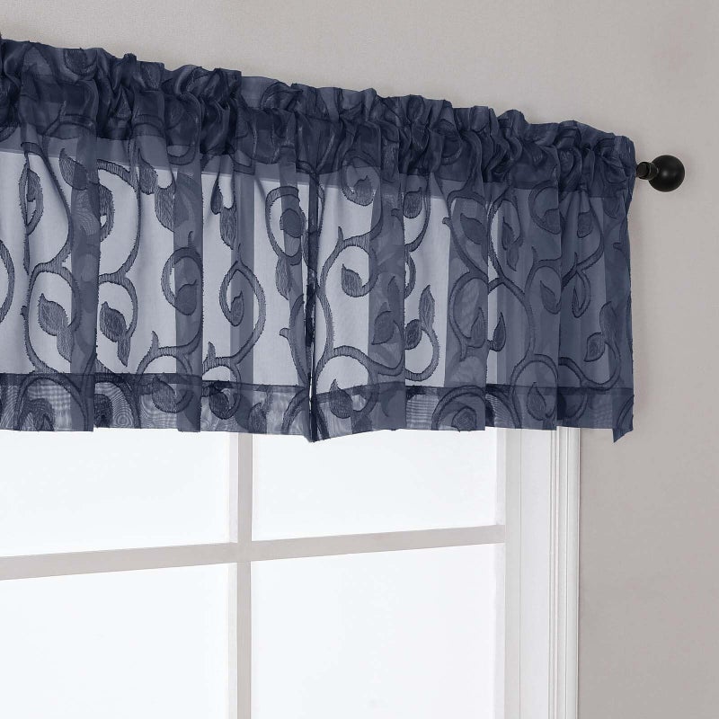 WelvetBLK Navy Blue Valances for Windows, Solid Geometric Jacquard Clip Short Sheer Curtains for Kitchen Living Room Bedroom Basement Window Curtains, Dual Rod Pocket Decor, 2 Pcs 42" Wx14 L Inch - Image 2