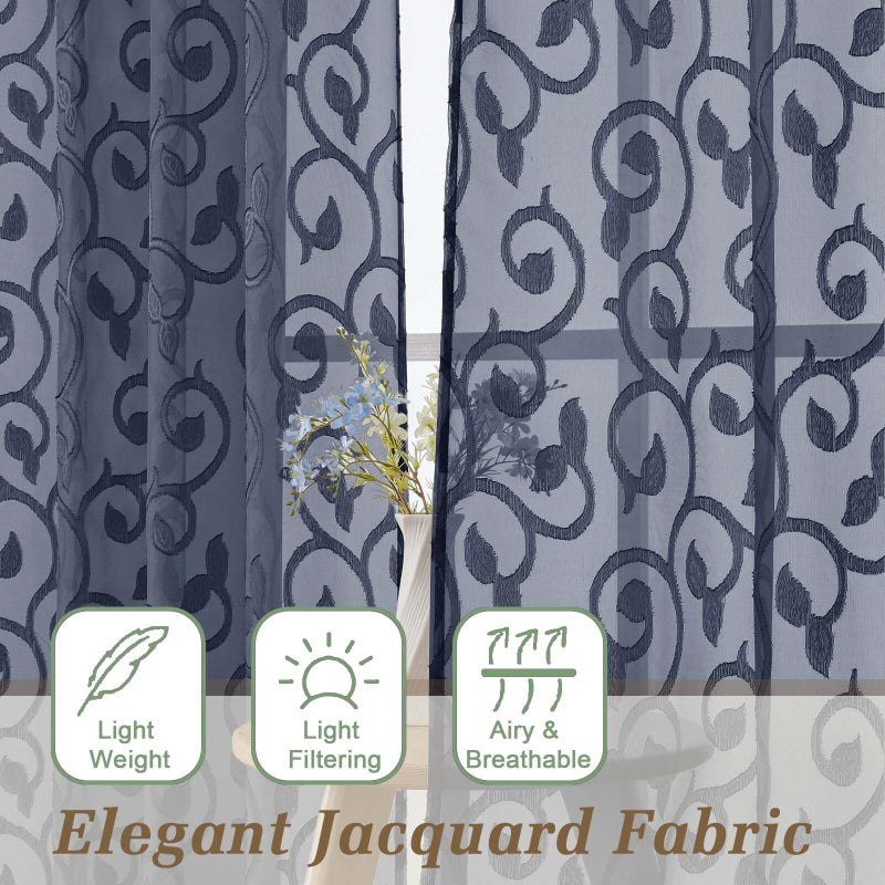 WelvetBLK Navy Blue Valances for Windows, Solid Geometric Jacquard Clip Short Sheer Curtains for Kitchen Living Room Bedroom Basement Window Curtains, Dual Rod Pocket Decor, 2 Pcs 42" Wx14 L Inch - Image 3