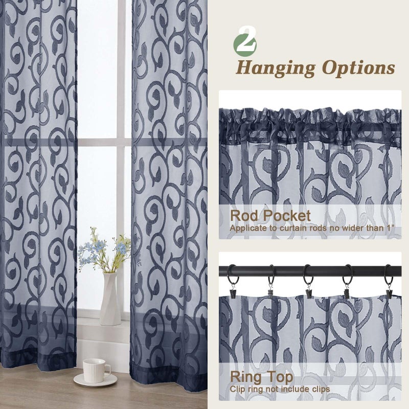 WelvetBLK Navy Blue Valances for Windows, Solid Geometric Jacquard Clip Short Sheer Curtains for Kitchen Living Room Bedroom Basement Window Curtains, Dual Rod Pocket Decor, 2 Pcs 42" Wx14 L Inch - Image 4