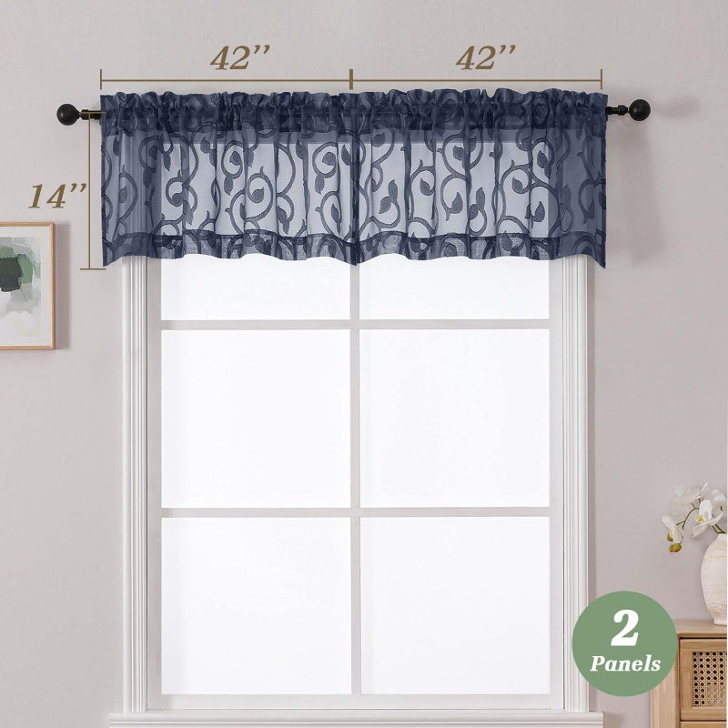 WelvetBLK Navy Blue Valances for Windows, Solid Geometric Jacquard Clip Short Sheer Curtains for Kitchen Living Room Bedroom Basement Window Curtains, Dual Rod Pocket Decor, 2 Pcs 42" Wx14 L Inch - Image 5