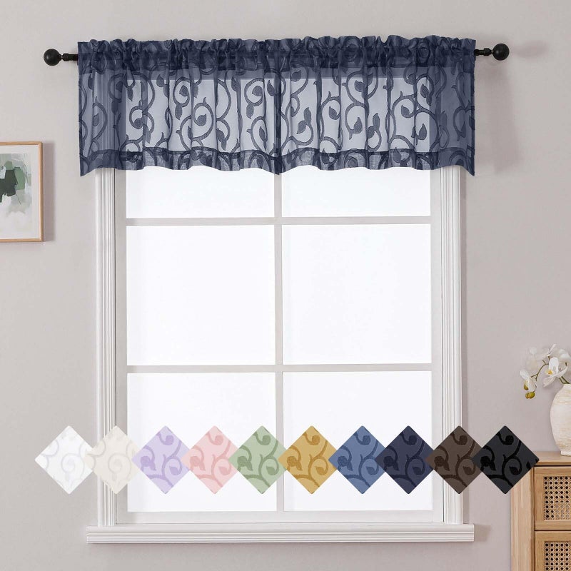 WelvetBLK Navy Blue Valances for Windows, Solid Geometric Jacquard Clip Short Sheer Curtains for Kitchen Living Room Bedroom Basement Window Curtains, Dual Rod Pocket Decor, 2 Pcs 42" Wx14 L Inch - Image 1
