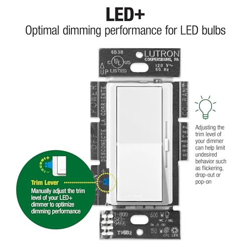 Lutron Diva LED+ Dimmer Light Switch for Dimmable LED, Halogen, and Incandescent Bulbs, 150 Watt, Single-Pole or 3-Way, DVWCL-153PH-2-WH, White (2-Pack) with Wallplate - Image 3