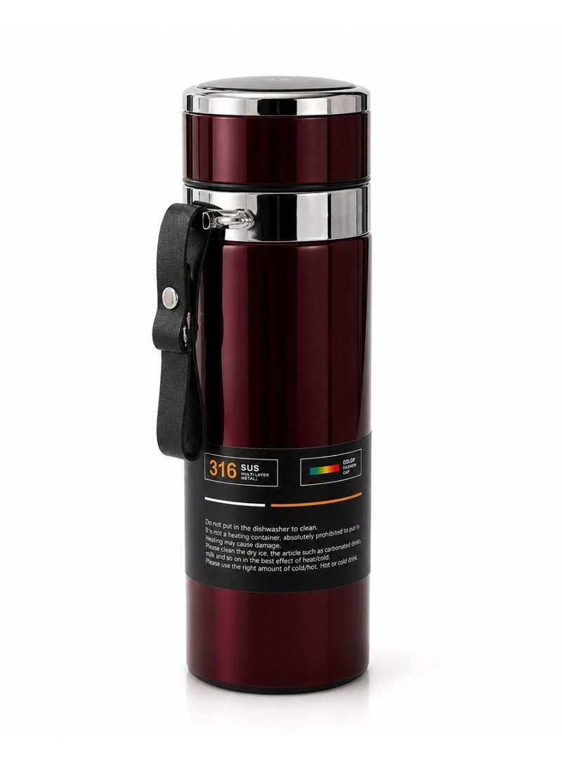 DENX Bottle Sport 1000ml Stainless Steel Vacuum Insulated Thermal Flask for Hot & Cold Drinks with Carry Strap, Burgundy - Image 1
