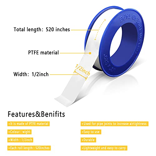 VOTMELL 4 Rolls 1/2 Inch(W) X 520 Inches(L) Teflon Plumbers Tape,Pipe Sealing & Plumbing Thread Tape,PTFE Water Sealant Seal for Shower Head,White - Image 3