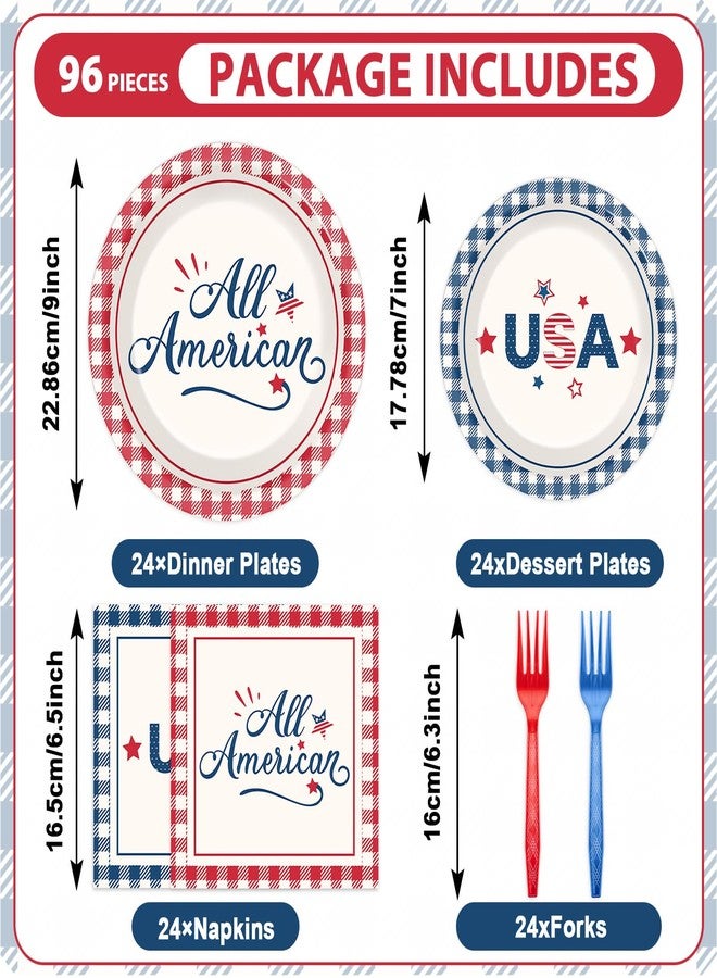Oitnlaughter 96PCS All American USA Party Paper Plates and Napkins Independence Day Party Supplies 4th of July Party Plates Patriotic Red Blue Checked for Veterans Memorial Day Birthday Gatherings Decorations - Image 2