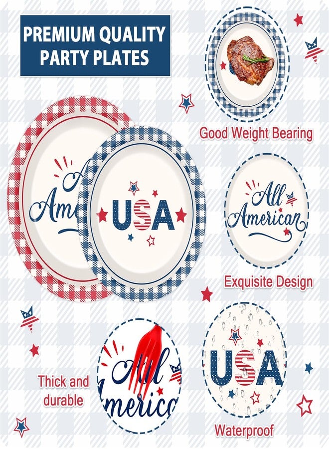 Oitnlaughter 96PCS All American USA Party Paper Plates and Napkins Independence Day Party Supplies 4th of July Party Plates Patriotic Red Blue Checked for Veterans Memorial Day Birthday Gatherings Decorations - Image 3