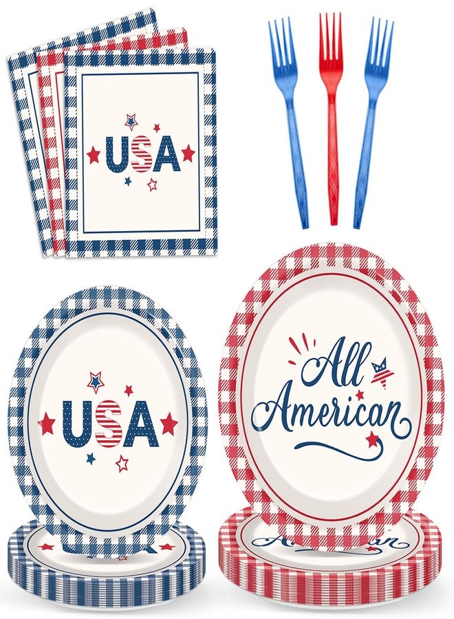 Oitnlaughter 96PCS All American USA Party Paper Plates and Napkins Independence Day Party Supplies 4th of July Party Plates Patriotic Red Blue Checked for Veterans Memorial Day Birthday Gatherings Decorations - Image 1