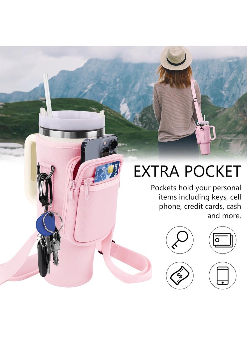 Water Bottle Carrier Bag for Stanley 40oz Tumbler, Water Bottle Holder with Pouch and Adjustable Strap, Sleeve Accessories with Pocket for 40oz Cup (Pink)  - Image 2