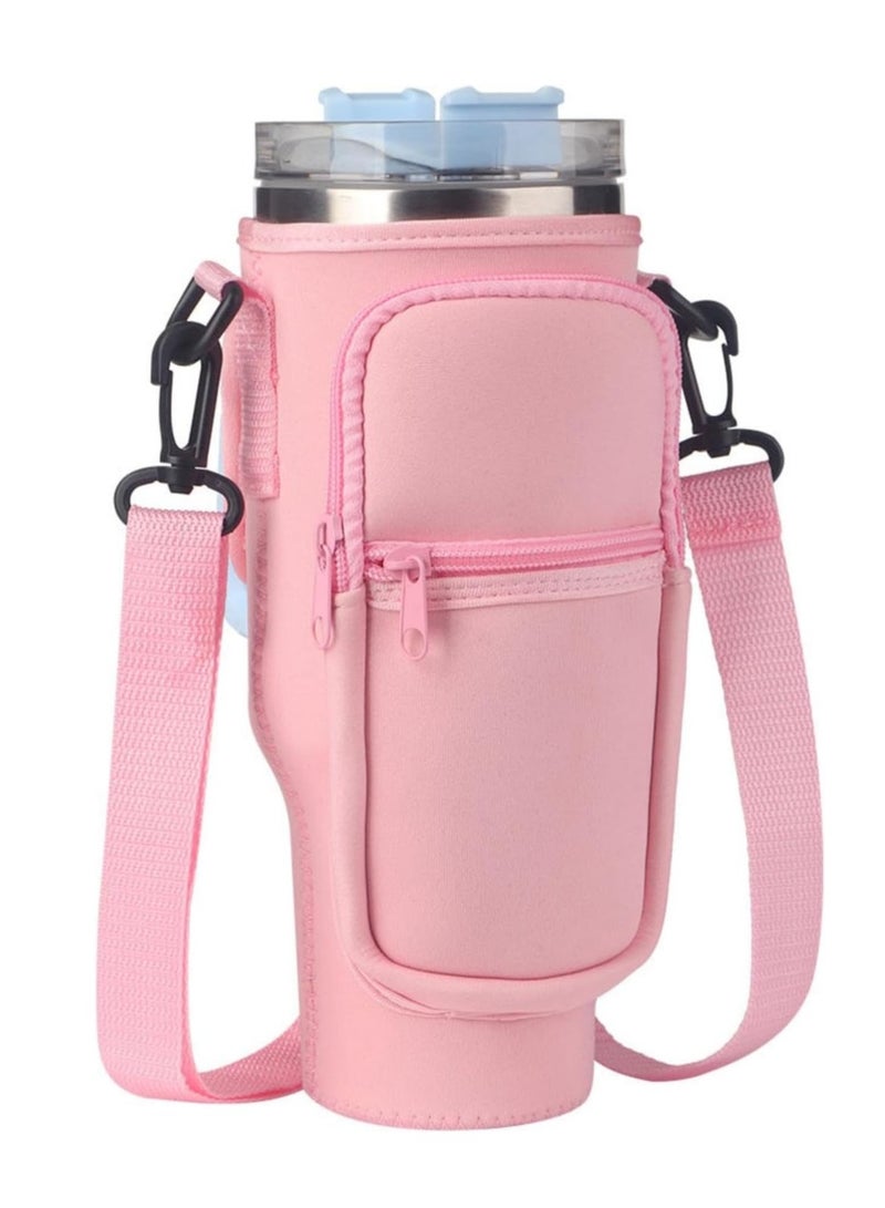 Water Bottle Carrier Bag for Stanley 40oz Tumbler, Water Bottle Holder with Pouch and Adjustable Strap, Sleeve Accessories with Pocket for 40oz Cup (Pink)  - Image 1