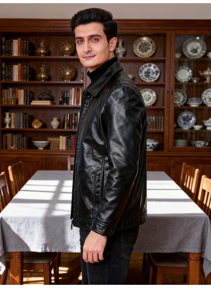 جاكيت دراجات نارية جلدي للرجال - قصة ضيقة، ياقة بولو، تصميم بسحاب، خفيف الوزن ومقاوم للرياح من أجل راحة أنيقة - Image 4