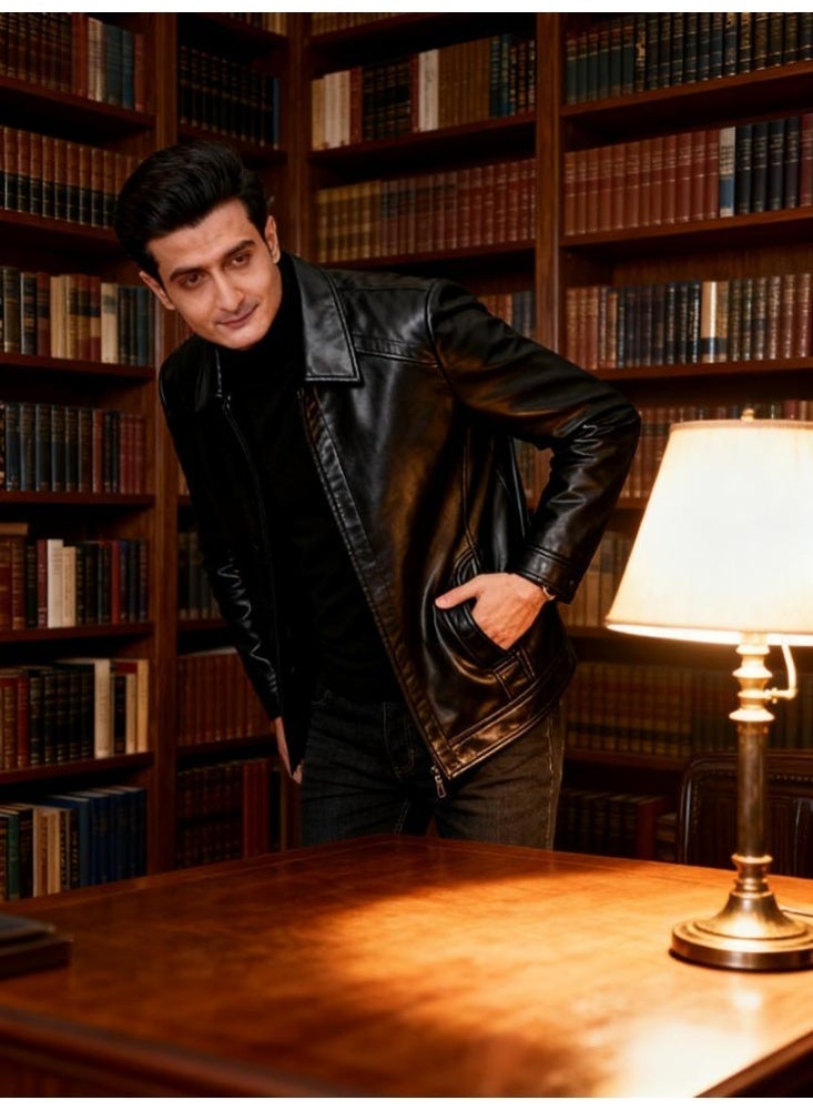 جاكيت دراجات نارية جلدي للرجال - قصة ضيقة، ياقة بولو، تصميم بسحاب، خفيف الوزن ومقاوم للرياح من أجل راحة أنيقة - Image 3