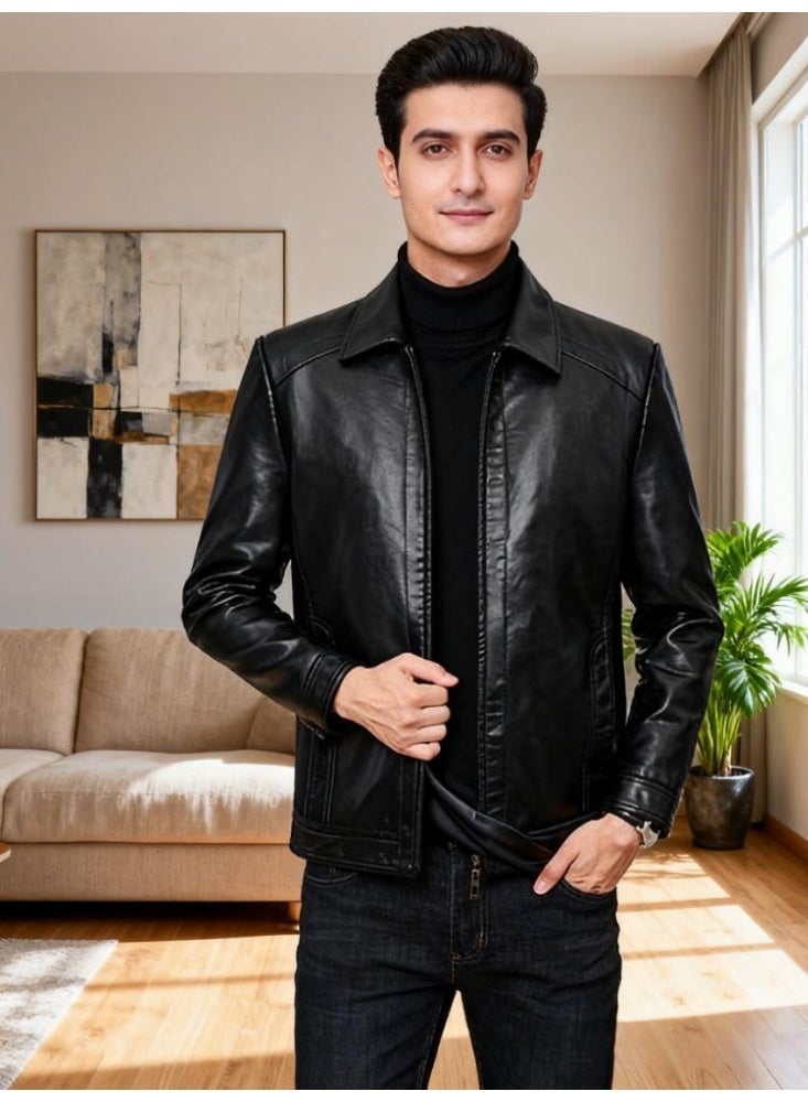 جاكيت دراجات نارية جلدي للرجال - قصة ضيقة، ياقة بولو، تصميم بسحاب، خفيف الوزن ومقاوم للرياح من أجل راحة أنيقة - Image 1