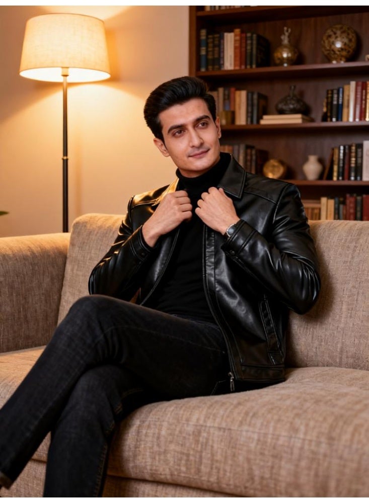 جاكيت دراجات نارية جلدي للرجال - قصة ضيقة، ياقة بولو، تصميم بسحاب، خفيف الوزن ومقاوم للرياح من أجل راحة أنيقة - Image 2