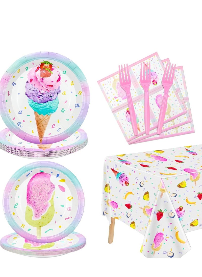 Generic Party Tableware Set, Ice Cream Birthday Supplies Serve 20 - 81Pcs Plates Napkins Tablecloth Forks for Girls Kits Baby Shower Popsicle Theme Decorations  - Image 1