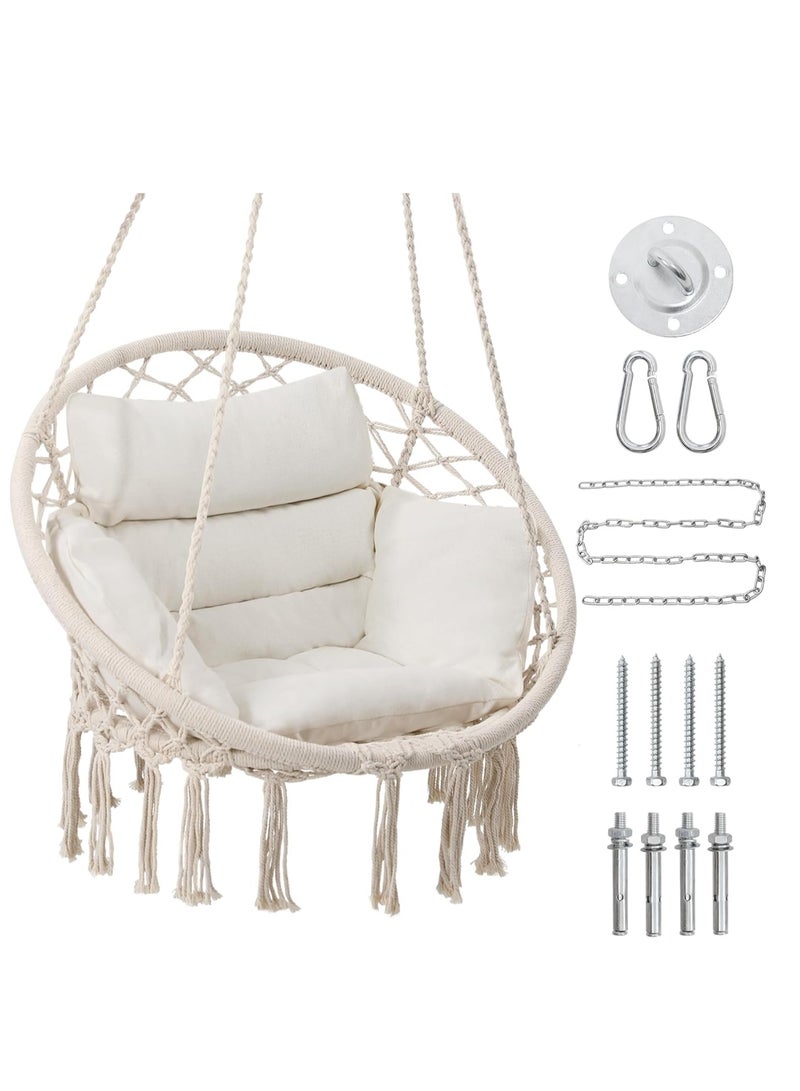 Funz Hammock Chair Hanging Macrame Swing with Large Thick Cushion and Hardware Kits Swing Chair for Indoor and Outdoor Offwhite - Image 1