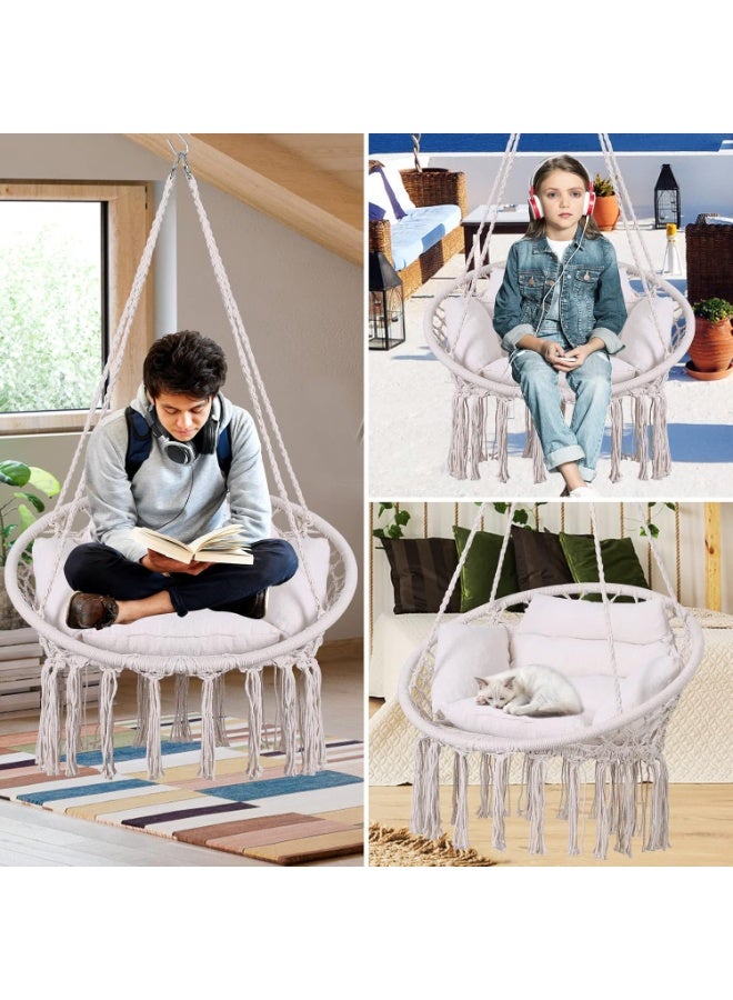 Funz Hammock Chair Hanging Macrame Swing with Large Thick Cushion and Hardware Kits Swing Chair for Indoor and Outdoor Offwhite - Image 3