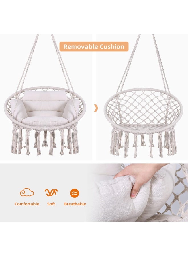 Funz Hammock Chair Hanging Macrame Swing with Large Thick Cushion and Hardware Kits Swing Chair for Indoor and Outdoor Offwhite - Image 4